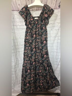 Universal Thread Black Floral Maxi Dress with Pink & Teal Accents